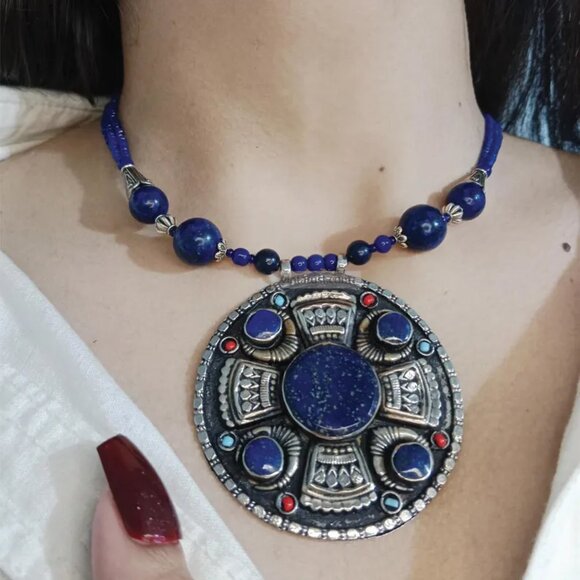 Handmade Lapis Lazuli Pendant Necklace: Tribal Boho Gemstone Jewelry - Picture 1 of 9